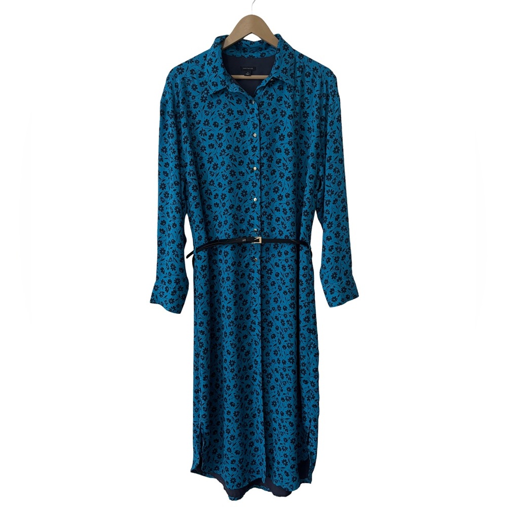 Ann Taylor Blue Floral Long-Sleeve Shirt Dress